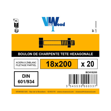 Boite 20 boulons de charpente tête hexagonale 18 x 200mm zingué - Viswood