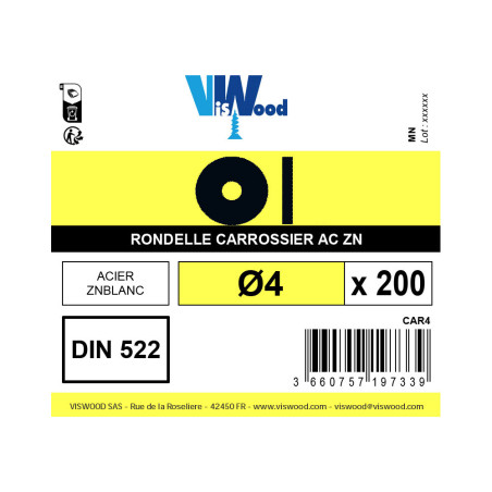 Boite 200 rondelles carrossier Ø 4mm zingué - Viswood