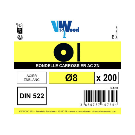 Boite 200 rondelles carrossier Ø 8mm zingué - Viswood