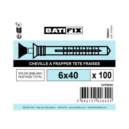 Boite 100 chevilles à frapper 6 x 40mm nylon - Viswood