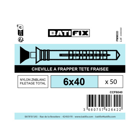 Boite 50 chevilles à frapper 6 x 40mm nylon - Batifix