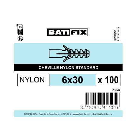 Boite 100 chevilles matériaux pleins 6 x 30mm nylon - Viswood