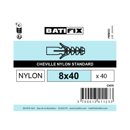 Boite 40 chevilles matériaux pleins 8 x40mm nylon - Batifix