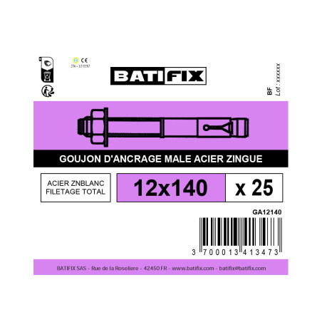 Boite 25 goujons d'ancrage 12 x 140mm zingué - Batifix