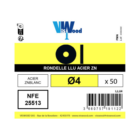 Boite 50 rondelles carrossier Ø4 zingué - Viswood