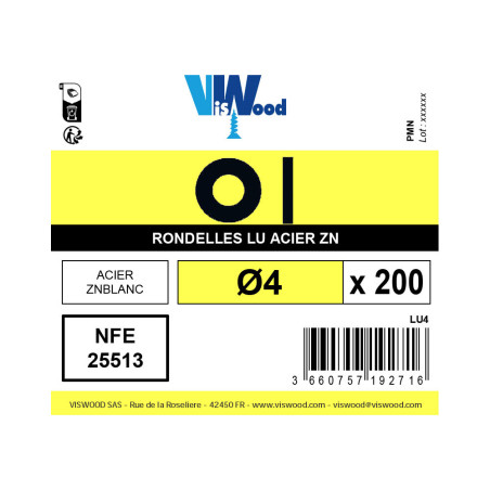 Boite 200 rondelles Ø 4mm type L zingué - Viswood