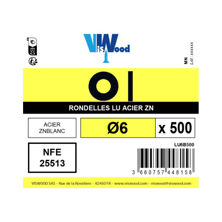 Boite 500 rondelles Ø 6mm type L zingué - Viswood