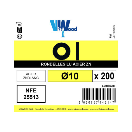 Boite 200 rondelles Ø 10mm type L zingué - Viswood