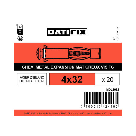 Boite 20 chevilles 4 x 32mm métallique + vis zingué - Batifix