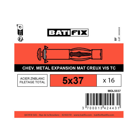 Boite 16 chevilles 5 x 37mm métallique + vis zingué - Batifix