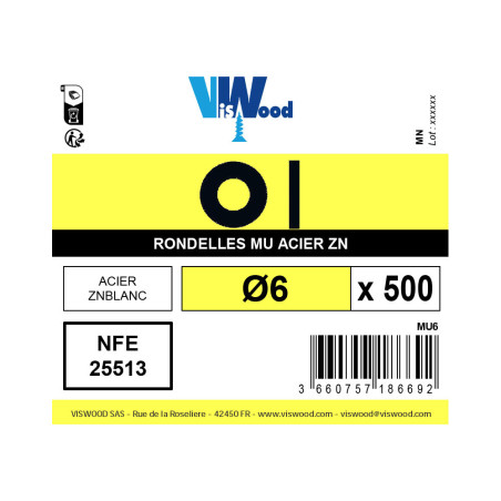 Boite 500 rondelles Ø 6mm type M zingué - Viswood