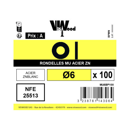 Boite 100 rondelles Ø 6mm type M zingué - Viswood