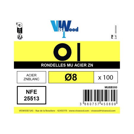 Boite 100 rondelles Ø 8mm type M zingué - Viswood