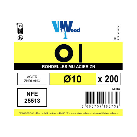 Boite 200 rondelles Ø 10mm type M zingué - Viswood