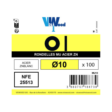 Boite 100 rondelles Ø 10mm type M zingué - Viswood