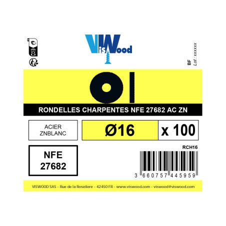 Boite 100 rondelles pour boulon de charpente Ø16 acier zingué - Viswood