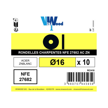 Boite 10 rondelles pour boulon de charpente Ø16 zingué - Viswood