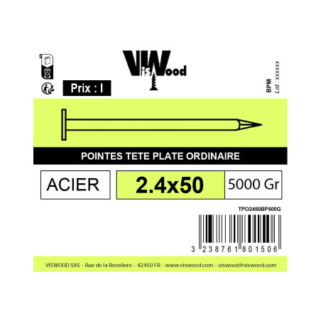 Boite 5Kg pointe tête plate 2,4 x 50mm europe ordinaire acier poli - Viswood