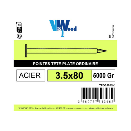 Boite 5Kg pointe tête plate 3,5 x 80mm europe ordinaire acier poli - Viswood