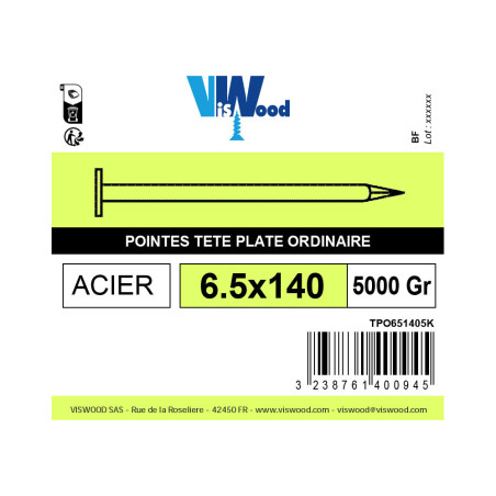 Boite 5Kg pointe tête plate 6,5 x 140mm europe ordinaire acier poli - Viswood