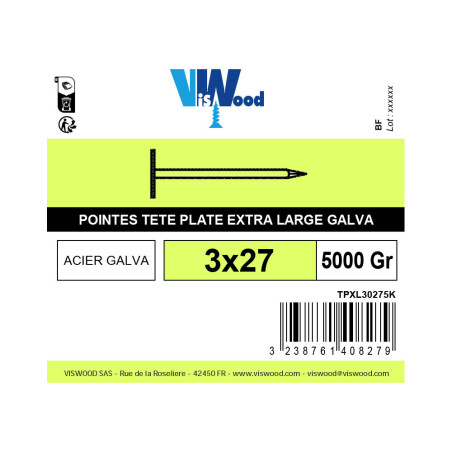 Boite 5Kg pointe tête extra large 3 x 27mm galvanisé à chaud - Viswood