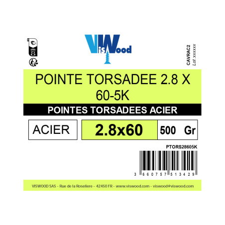 Boite 500g pointe tête plate torsadée 2,8 x 60mm acier poli - Viswood