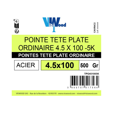 Boite 500g pointe tête plate europe 4,5 x 100mm acier poli - Viswood