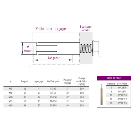 Boite 25 chevilles à expansion métalliques à frapper 16 x 60mm acier zingué - Batifix