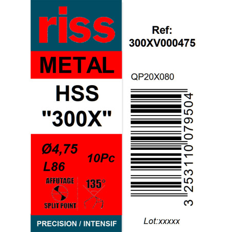 Boite 10 forets à métaux HSS taillé meulé 300X Ø4,75mm - Riss