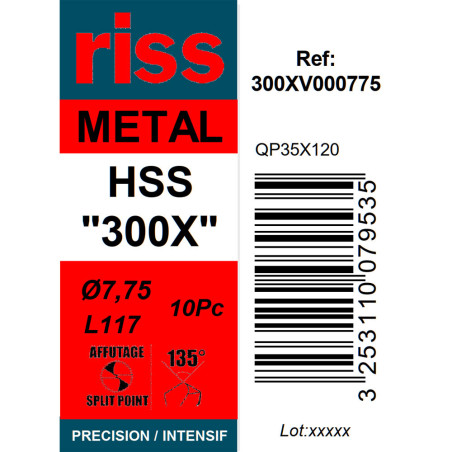 Boite 10 forets à métaux HSS taillé meulé 300X Ø7,75mm - Riss