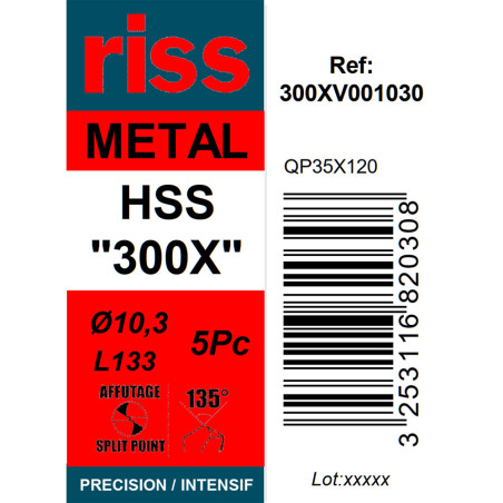 Boite 5 forets à métaux HSS taillé meulé 300X Ø10,3mm - Riss