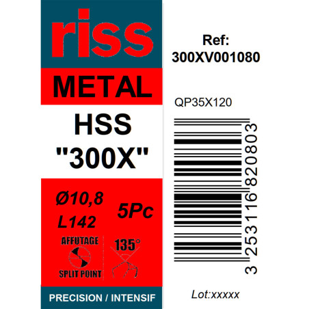 Boite 5 forets à métaux HSS taillé meulé 300X Ø10,8mm - Riss