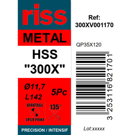 Boite 5 forets à métaux HSS taillé meulé 300X Ø11,7mm - Riss
