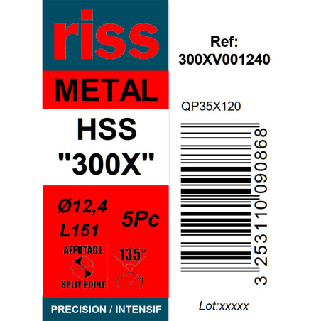 Boite 5 forets à métaux HSS taillé meulé 300X Ø12,4mm - Riss