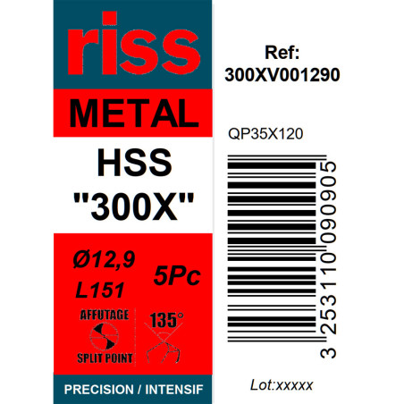 Boite 5 forets à métaux HSS taillé meulé 300X Ø12,9mm - Riss