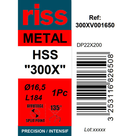 Foret à métaux HSS taillé meulé 300X Ø16,5mm - Riss