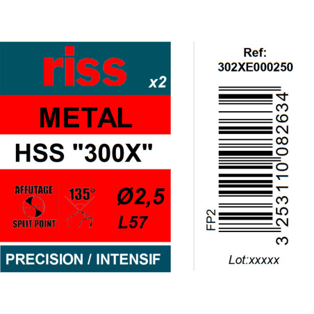 Etui 2 forets à métaux HSS taillés meulés 300X Ø2,5mm - Riss