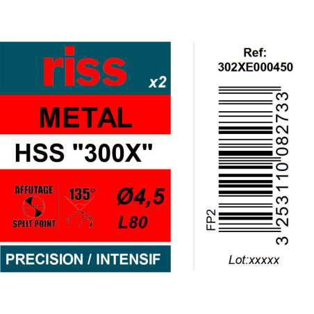 Etui 2 forets à métaux HSS taillés meulés 300X Ø4,5mm - Riss
