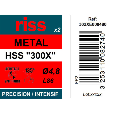 Etui 2 forets à métaux HSS taillés meulés 300X Ø4,8mm - Riss