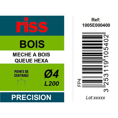 Mèche à bois à spire unique queue hexagonale Ø4 x 200mm - Riss