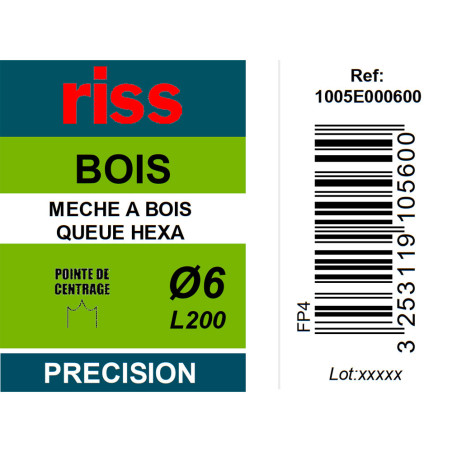 Mèche à bois à spire unique queue hexagonale Ø6 x 200mm - Riss