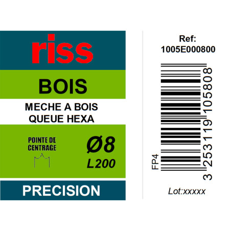 Mèche à bois à spire unique queue hexagonale Ø8 x 200mm - Riss