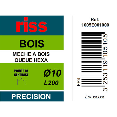 Mèche à bois à spire unique queue hexagonale Ø10 x 200mm - Riss