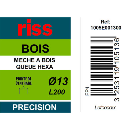 Mèche à bois à spire unique queue hexagonale Ø13 x 200mm - Riss