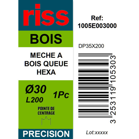 Mèche à bois à spire unique queue hexagonale Ø30 x 200mm - Riss