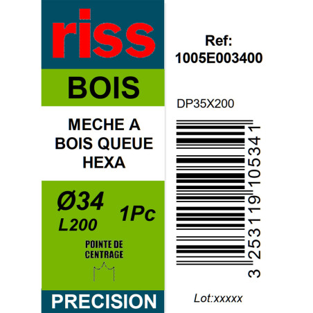 Mèche à bois à spire unique queue hexagonale Ø34 x 200mm - Riss