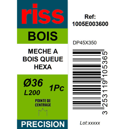 Mèche à bois à spire unique queue hexagonale Ø36 x 200mm - Riss