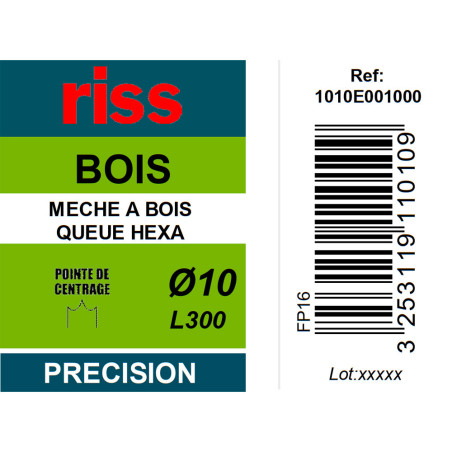 Mèche à bois à spire unique queue hexagonale Ø10 x 300mm - Riss