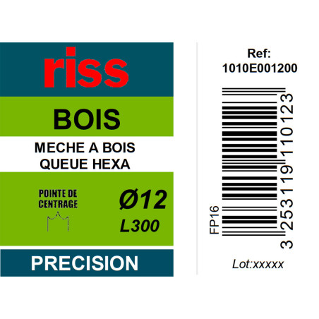 Mèche à bois à spire unique queue hexagonale Ø12 x 300mm - Riss