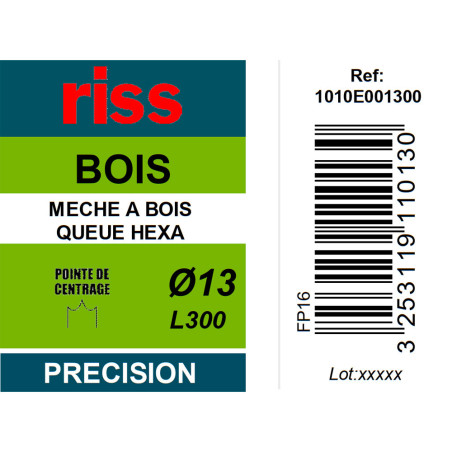 Mèche à bois à spire unique queue hexagonale Ø13 x 300mm - Riss